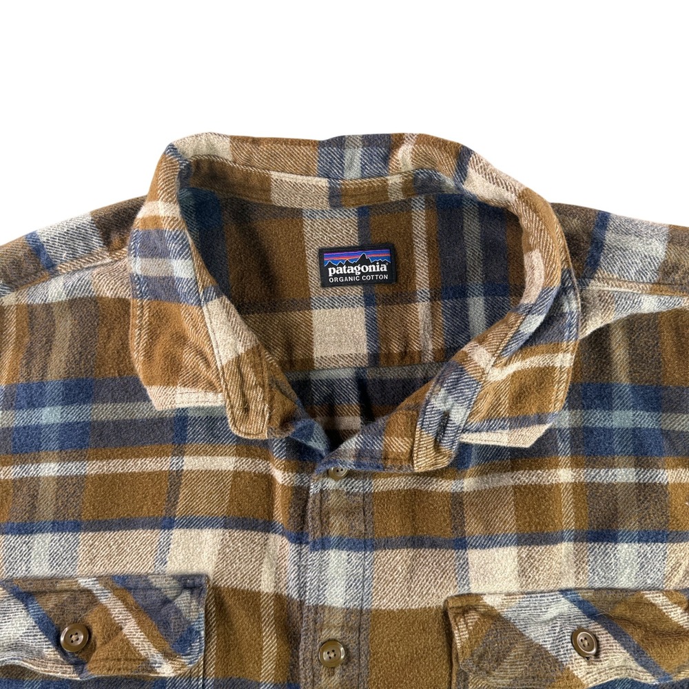 Patagonia Flannel Shirt Mens XXL Brown Blue Plaid Organic Cotton STY53947 FA18